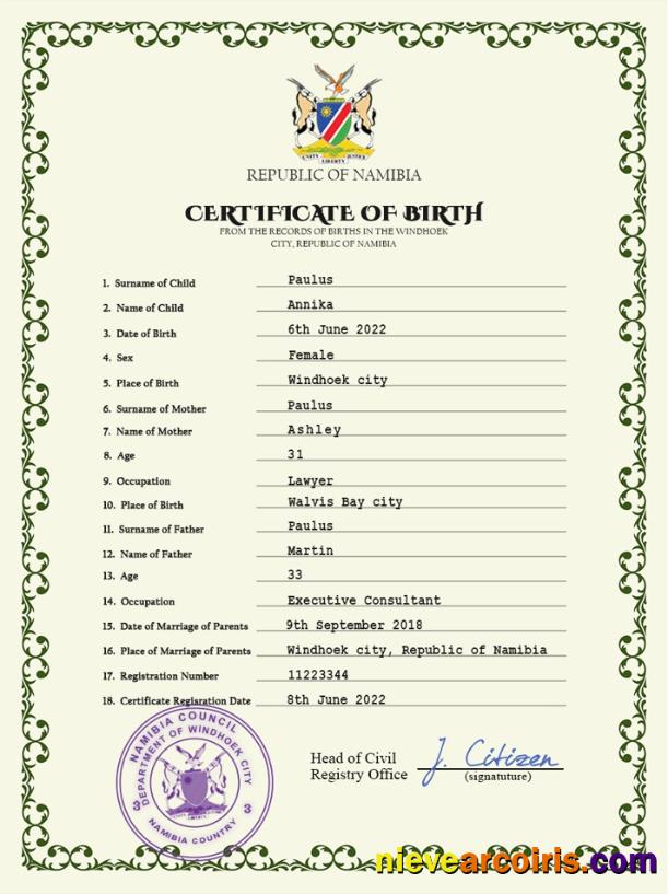 Namibia vital record birth certificate